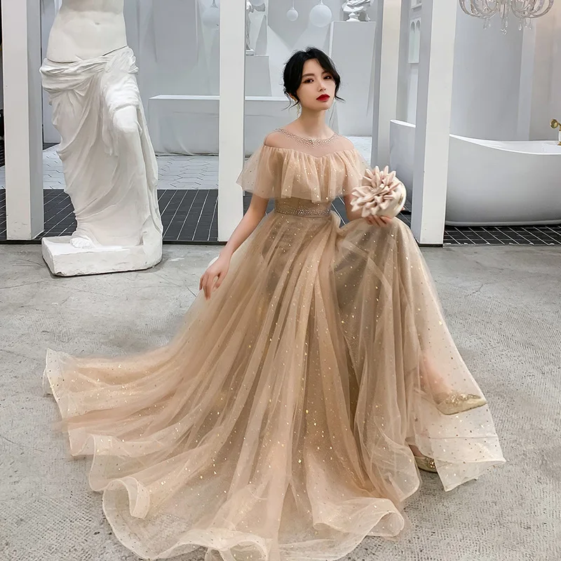 

Elegant Long Tail Evening Gown Champagne Color High-End Feeling for Women Suitable for Banquet Annual Meeting And Performance