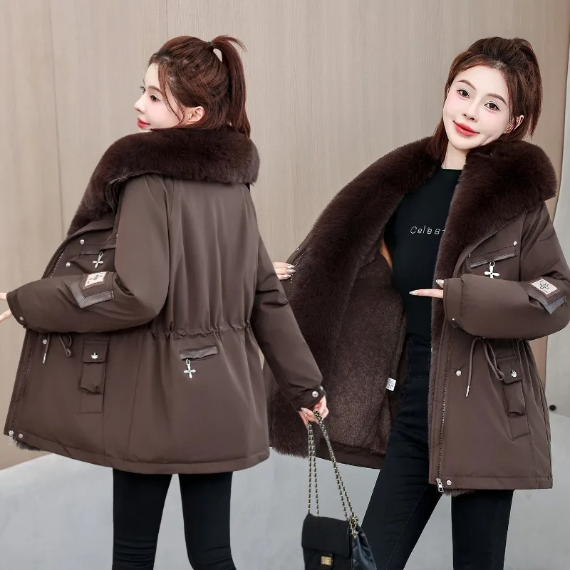 2026 New Women Winter Jacket Slim Mid Long Coat Casual Parkas Big Fur Collar Fleece Liner Outwear Female Snow Warm Cotton Coats