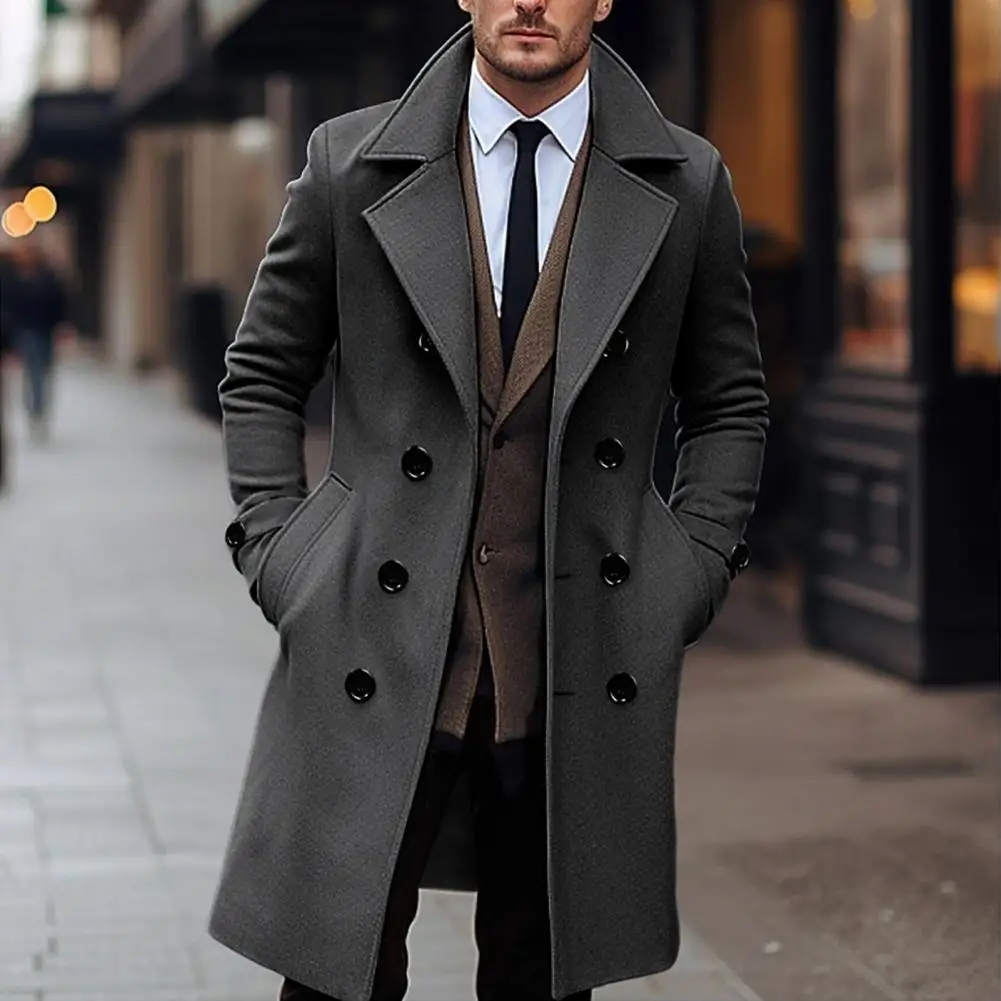 Men Woolen Coat Mid-length Slim Fit Buttoned Suit Collar Woolen Coat Men Winter Overcoat Solid Color Men Business Trench Coat