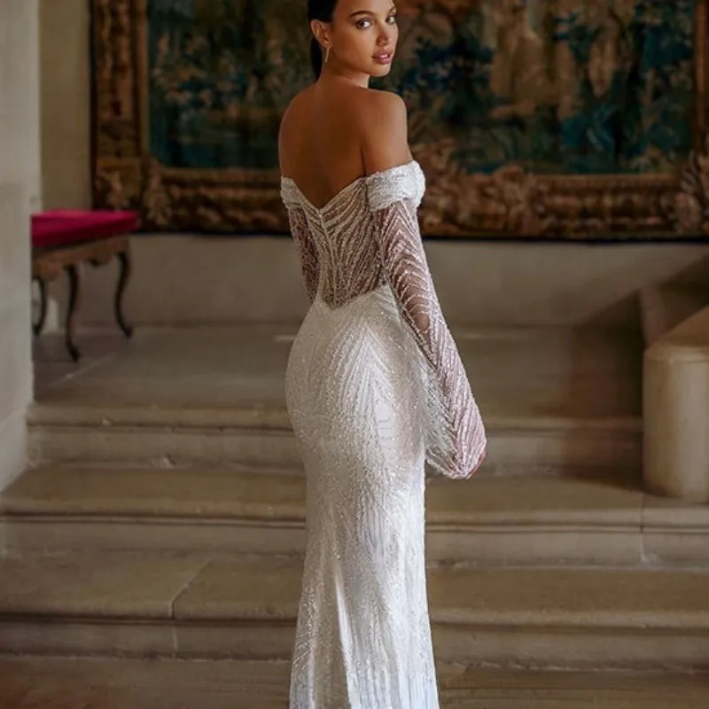 Robes de mariée sirène à manches longues avec poignées amovibles, robes fendues sur le côté, robes de luxe pour les patients, paillettes, Off Initiated