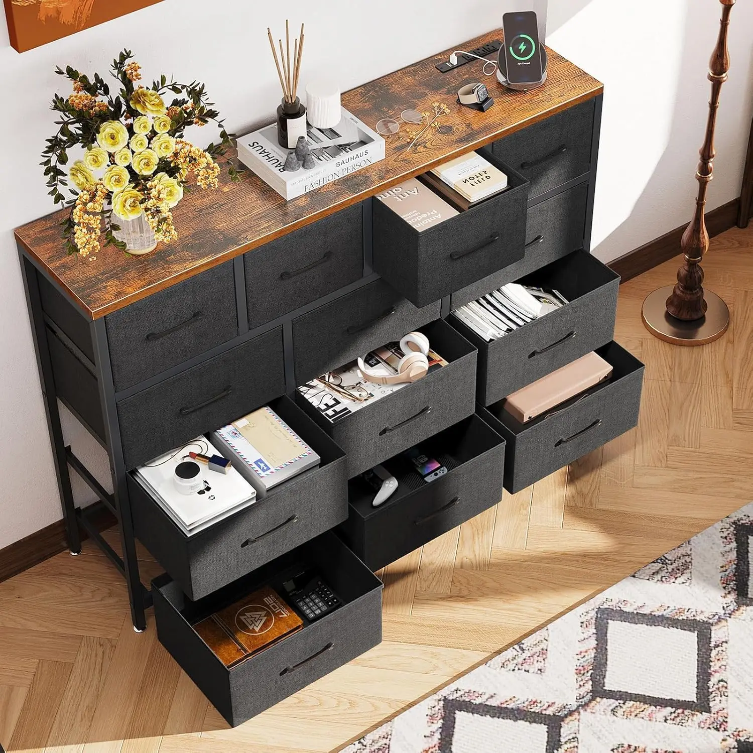 ODK Dresser with Charging Station, 57-Inch Long Dresser TV Stand for Bedroom, Large Dresser with 13 Storage Drawers