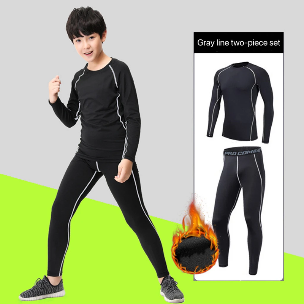 1 Set Boy Autumn Winter Quick Drying Tights Clothe Youth Kid Leggings Shirt Long Sleeve Basketball Football Sport Fitness Suit