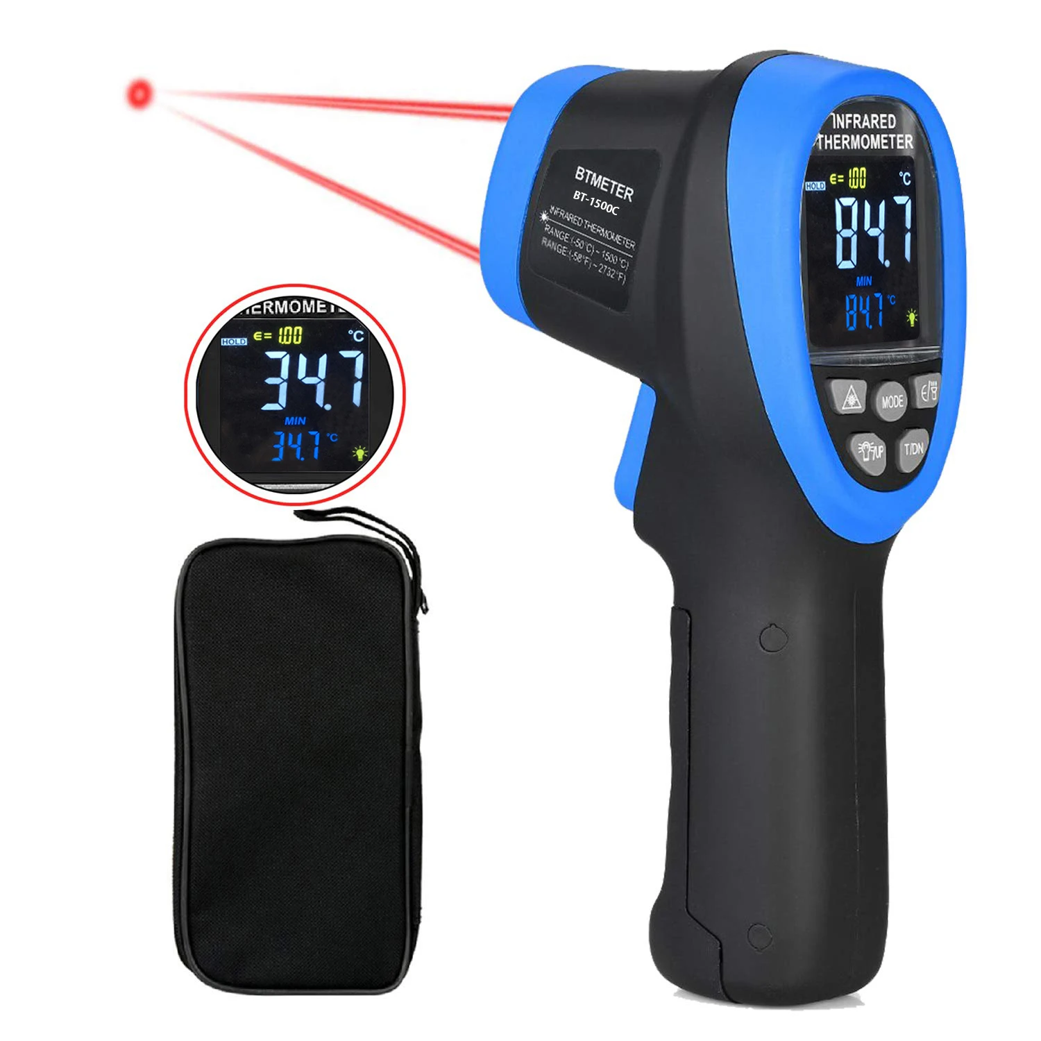 

BT-1500C Pyrometer Non Contact Laser Infrared Thermometer Measures -58℉ to 2732℉ High Temp,IR Temperature Gauge with Color LCD