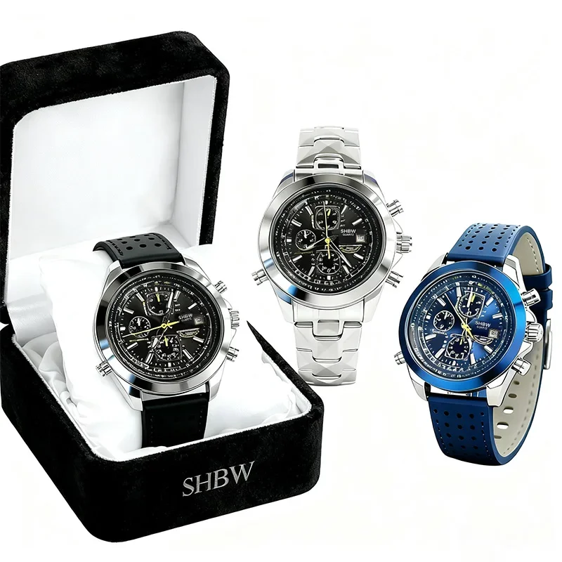 ساعة SHBW الأكثر مبيعًا 2025 كوارتز عصرية فاخرة للرجال - مضيئة، كرونو وتقويم، مقاومة للماء حتى 30 مترًا، حزام من الجلد الناعم
