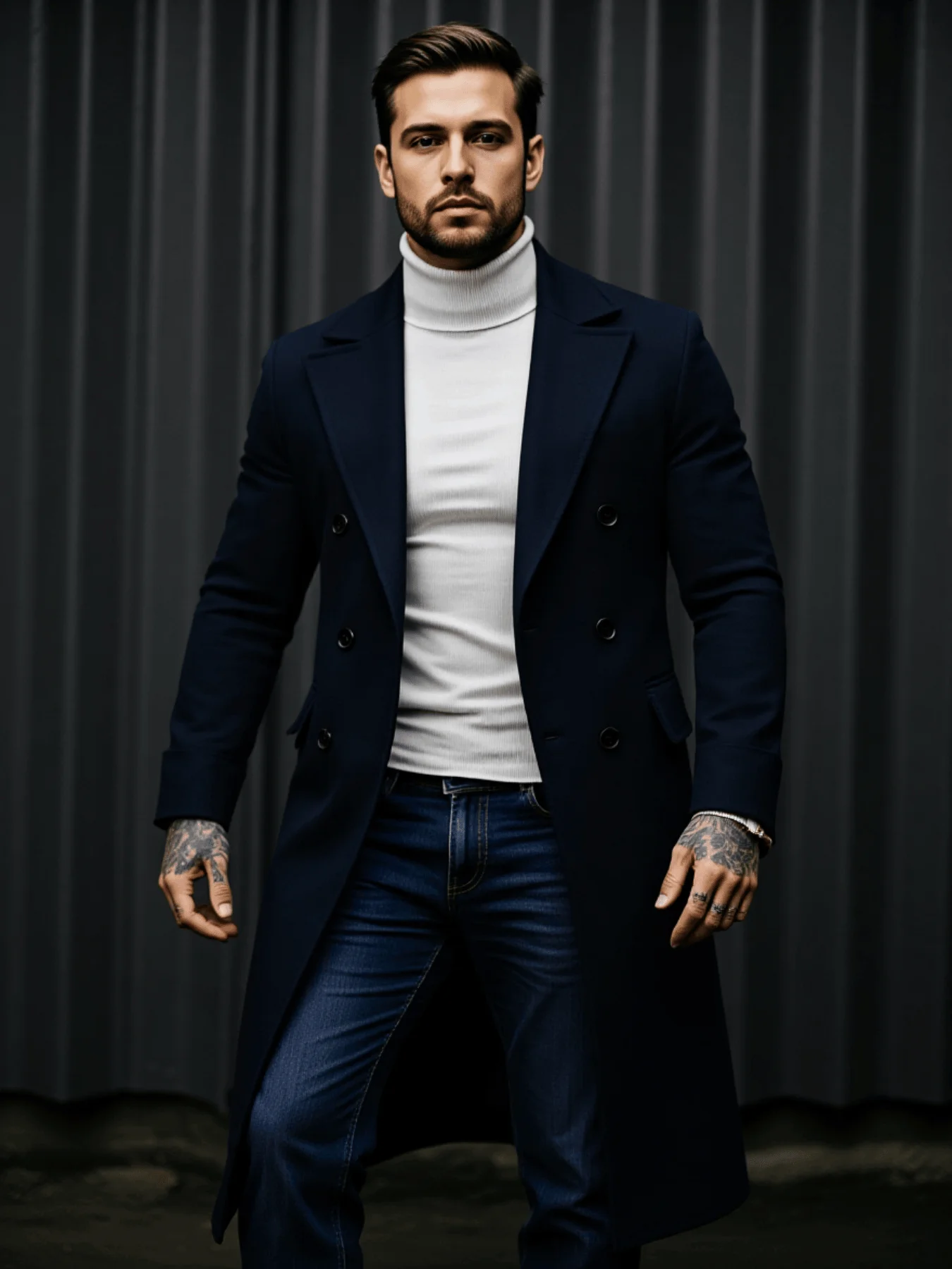 

A men's double-breasted wool overcoat designed with thickened fabric for winter warmth and a versatile business casual style