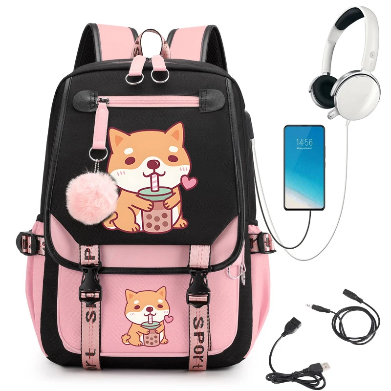 Cão Corgi com Bolha Chá Boba Schoolbag para Meninas Adolescentes, Mochila Escolar Dos Desenhos Animados, Mochila De Volta Para A Escola, Kawaii