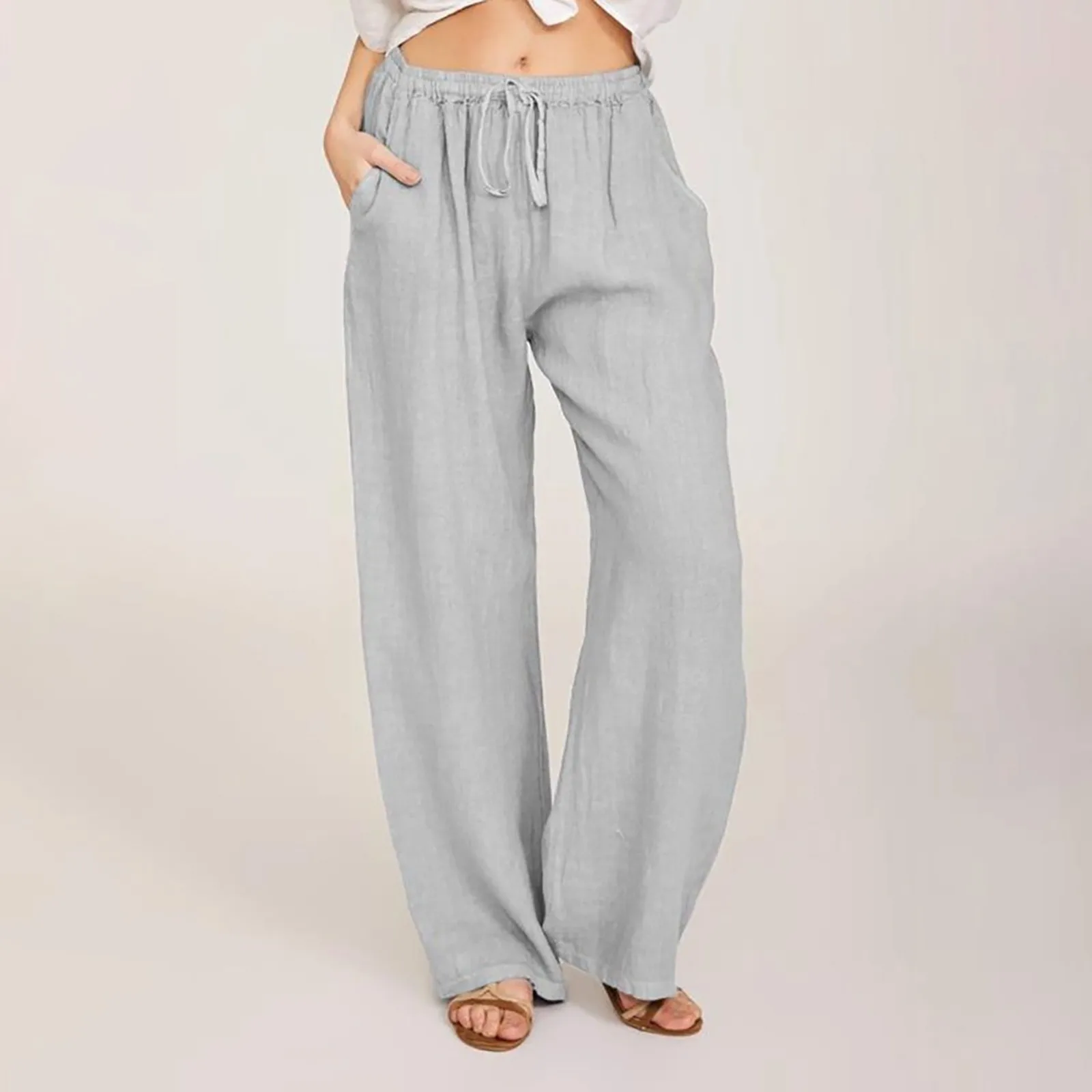 2025 New Women's Cotton Linen Pants Casual Loose Solid Elastic Waist Pocket Straight Trousers Oversize Wide Leg Pant Streetwear