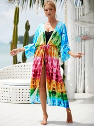 Sexy Gradient osłona do Bikini Kimono Pareo sukienka tunika kobiety ubrania lato plaża nosić kobieta stroje kąpielowe Cover Up Robe