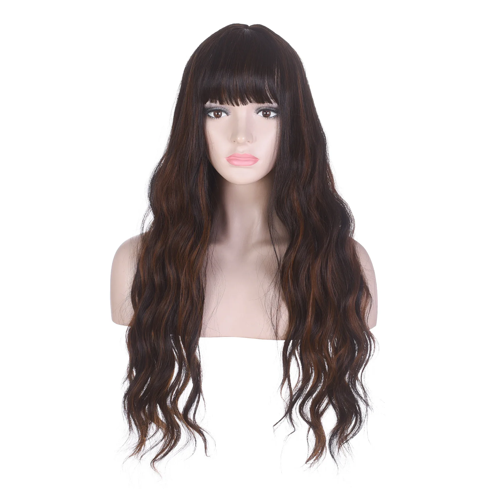 

Long curly hair big wave brown mixed maroon high temperature silk women's wig gentle temperament age-reducing atmosphere