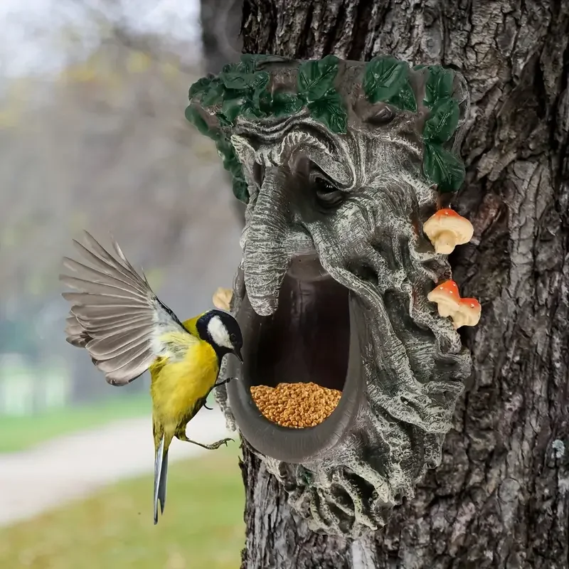 Outdoor Garden Yard Tree Face Wild Bird Feeder, Big Mouth Mushroom Tree Face Bird Feeder, Home Decor Statue view 3