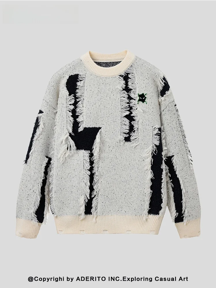 

Мужской вязаный свитер Zhang Ling He AE с бахромой, рваными элементами и цветными блоками, круглый вырез, новая модная коллекция, уличный стиль