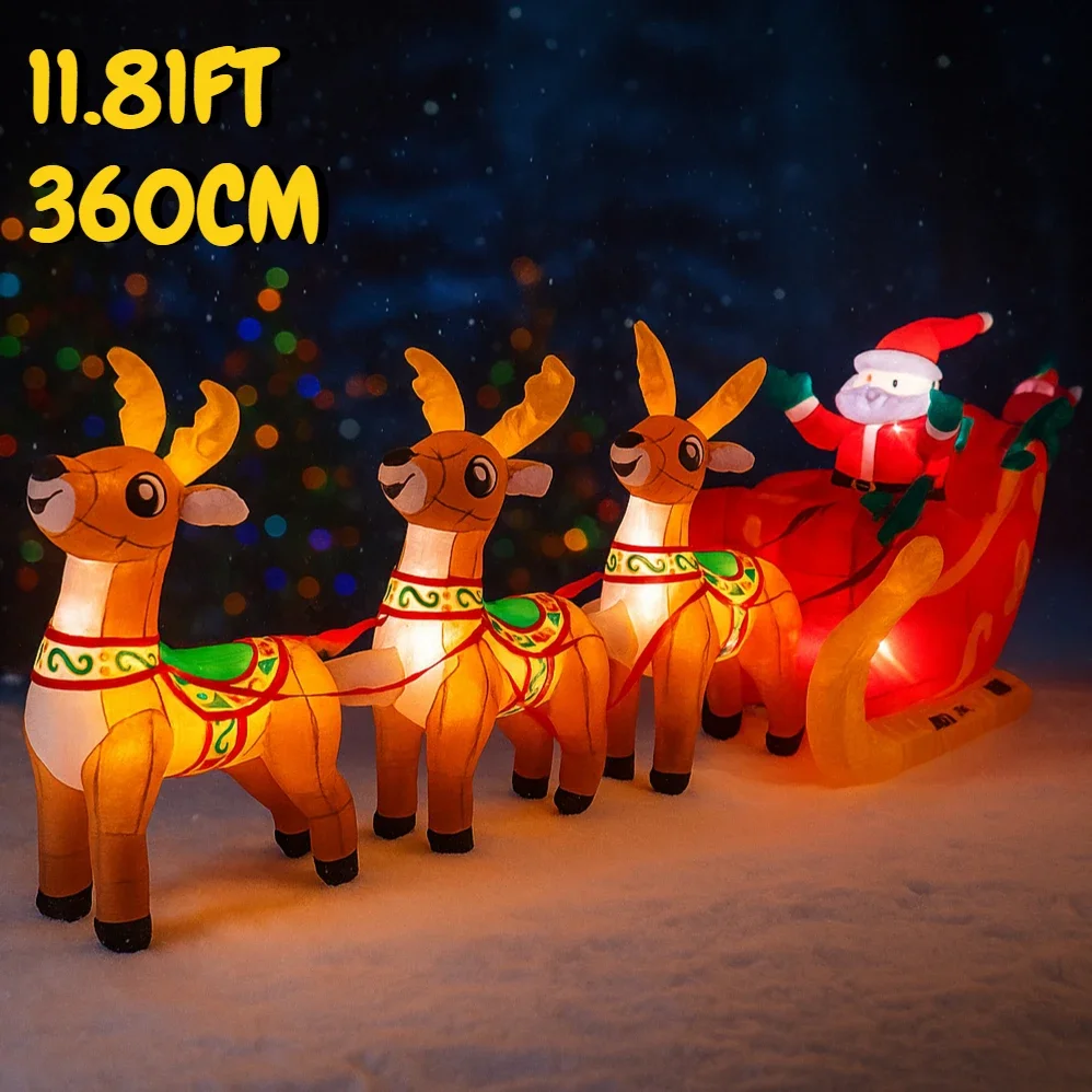 Juguete inflable de 11,81 pies, trineo de Reno de Papá Noel, decoración de patio de Navidad, suministros de Navidad iluminados con LED, adorno para decoración del hogar, regalo festivo