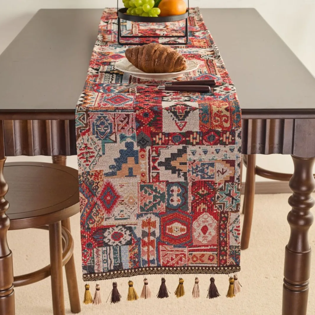 National Style Red Jacquard Fringed Tablecloth Dresser Scarves Table Decor Reusable Kitchen Dining Table Runners Party Decor