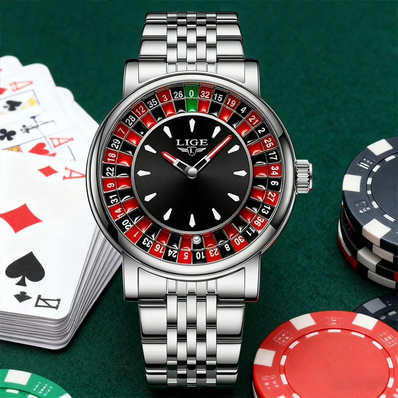 LIGE Creative Mens Watches Roulette Game Dial Fashion Man Watch Waterproof Luminous Quartz Wristwatches Rolling Ball+Gift Box