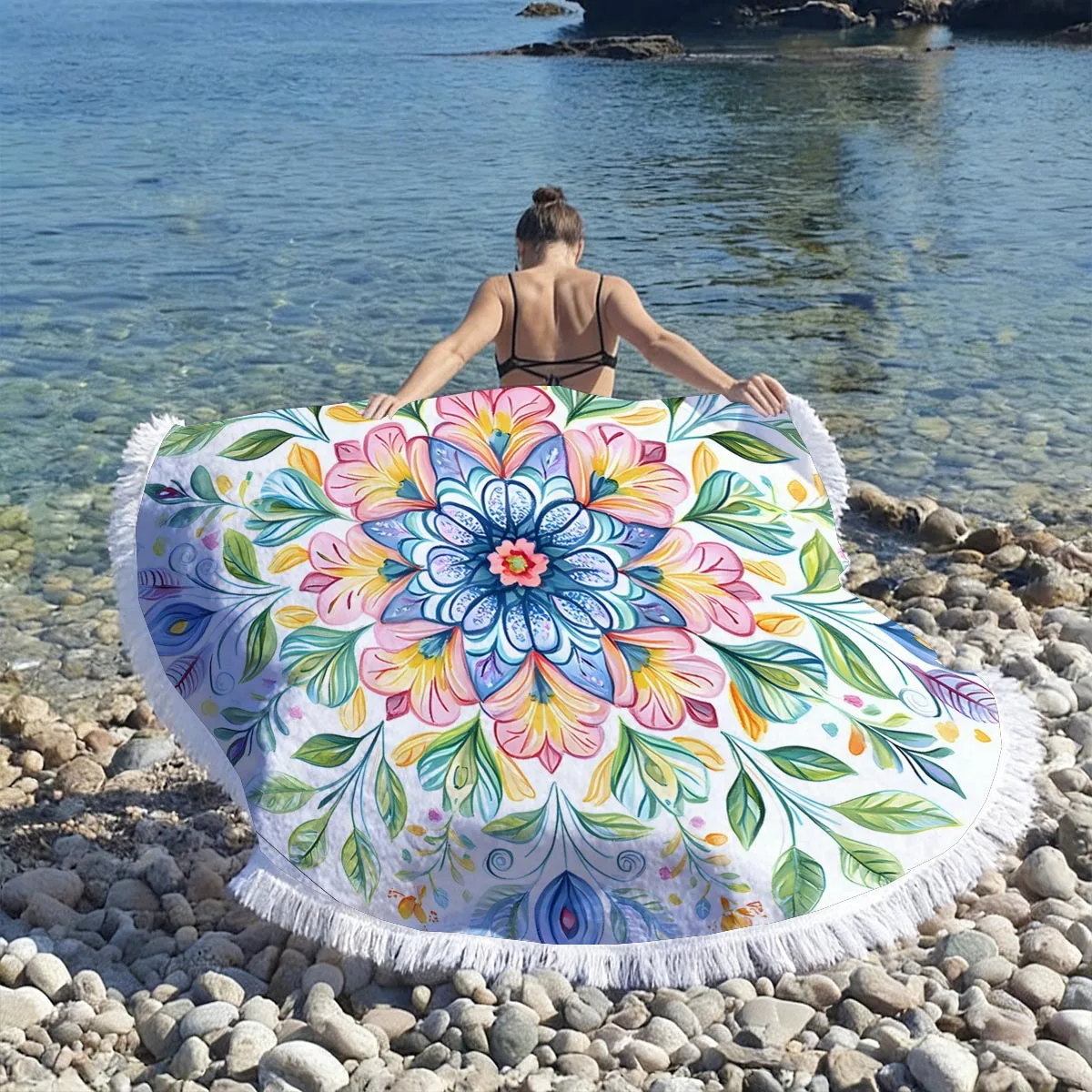Summer Green Leaf Boho Round Beach Towel Quick Dry Absorbent Microfiber Yoga Mat Outdoor Sandproof Beach Sport Pool for Vacation