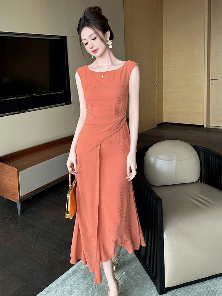 Summer Casual Chiffon Embroidery O-Neck Asymmetrical Long Dress Women Clothes Elegant Orange Sleeveless Slim Robe Party Vestidos