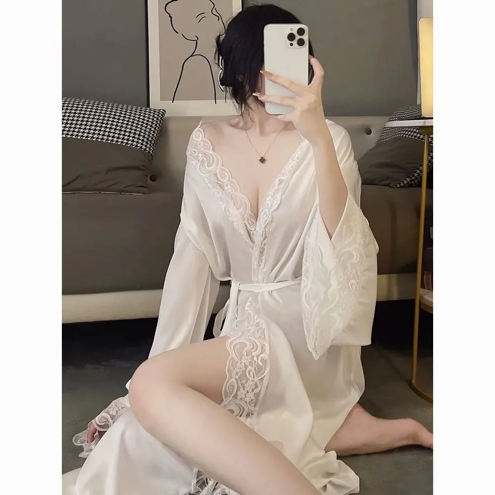 

Ice Silk Pajamas Women's Fashion Nightgown Long Spring Autumn Long Sleeve Thin Lace Dressing Robe Bathrobe Home Clothing Woman
