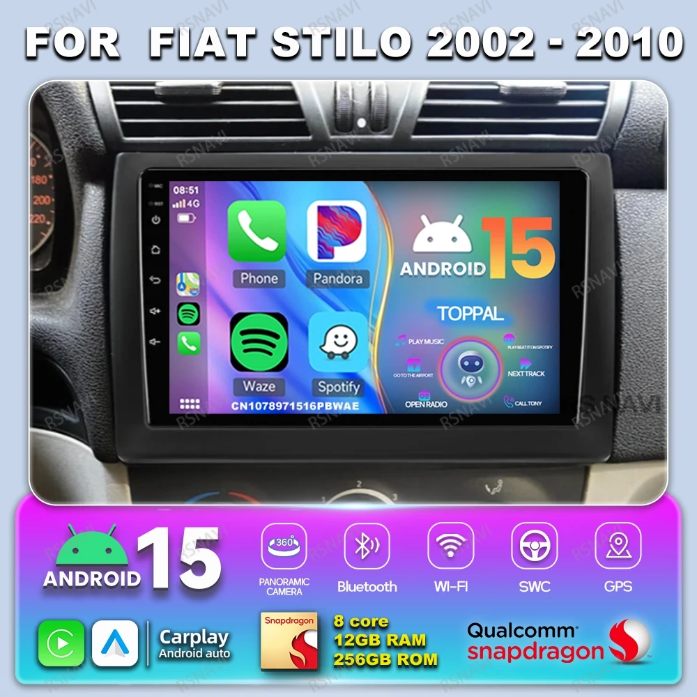 Автомобильный радиоприемник Android 14 для Fiat Stilo 2002-2010 Qualcomm WIFI+ 4G LTE BT RDS DVD IPS Snapdragon Мультимедиа AI Voice 8-ядерный QLED