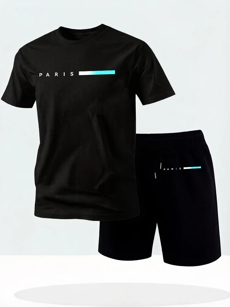 

Paris Creative Letter Pattern Man'S Cotton Running O-Neck T-Shirt Breathable All-Match Tops Sets Beach Summer Simple Short Pants
