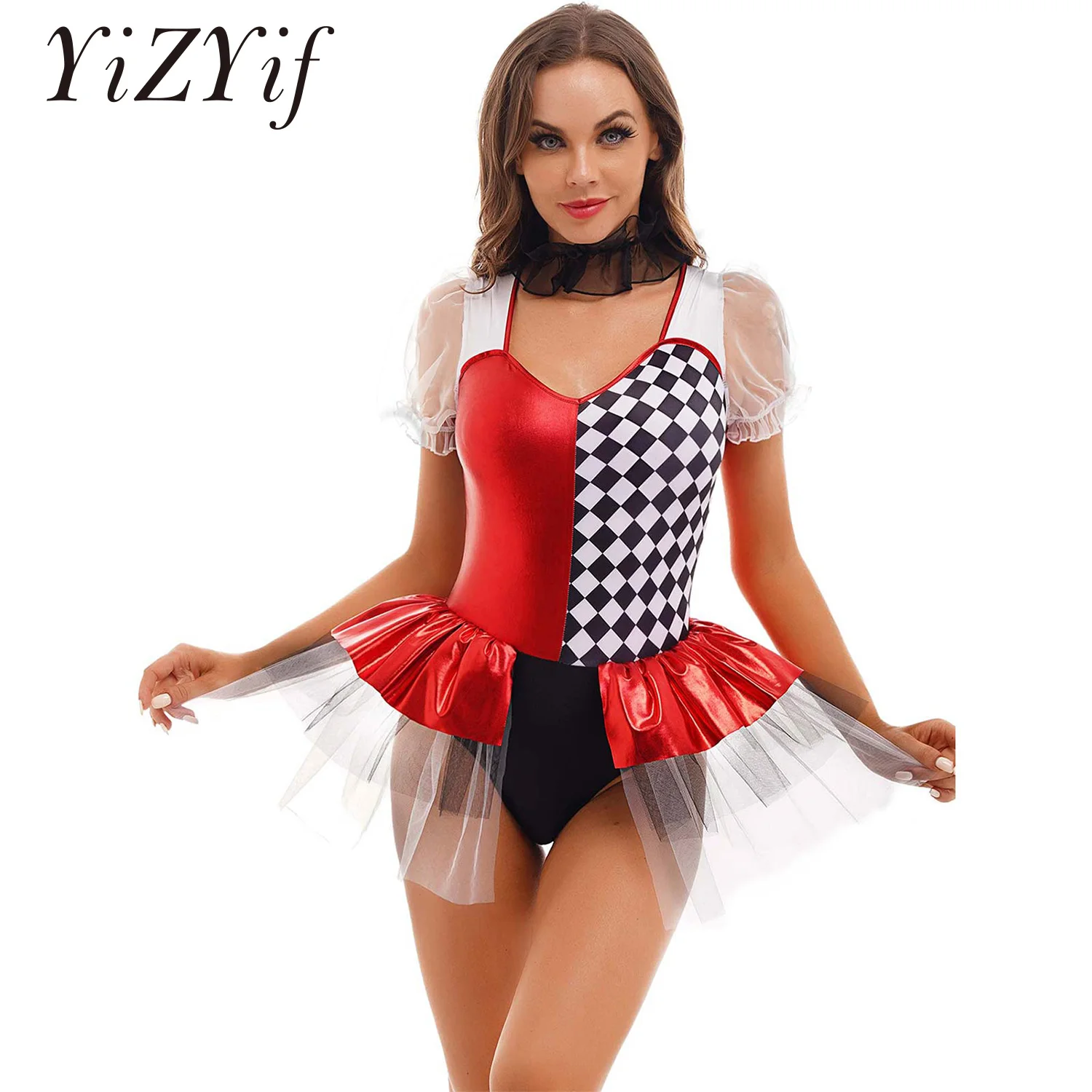 Adults Womens Color Block Ballet Dress Gymnastics Skirted Leotard Halloween Clown Role Play Costume Performance Clothing