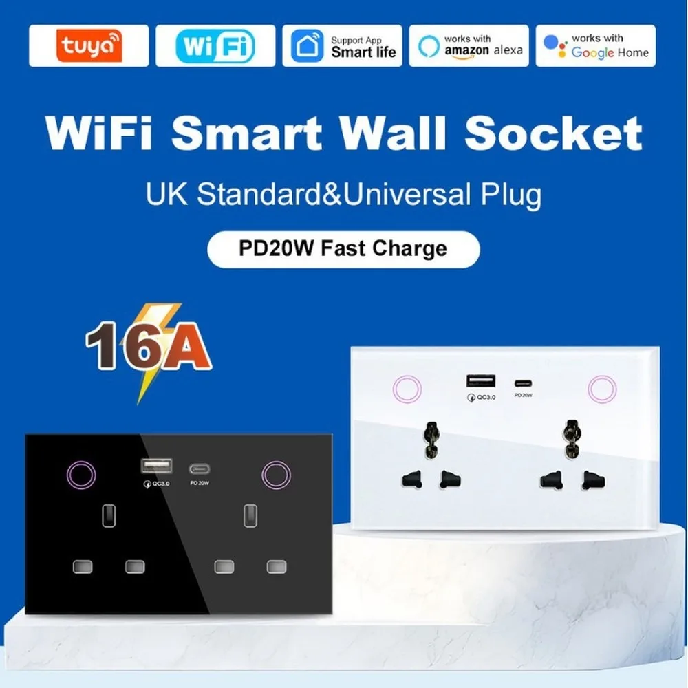 Tuya APP WiFi Smart Socket 147 Universal Power Meter PD 20W Fast Charge Tempered Glass Panel AC100-240V 16A USB A Type C Socket