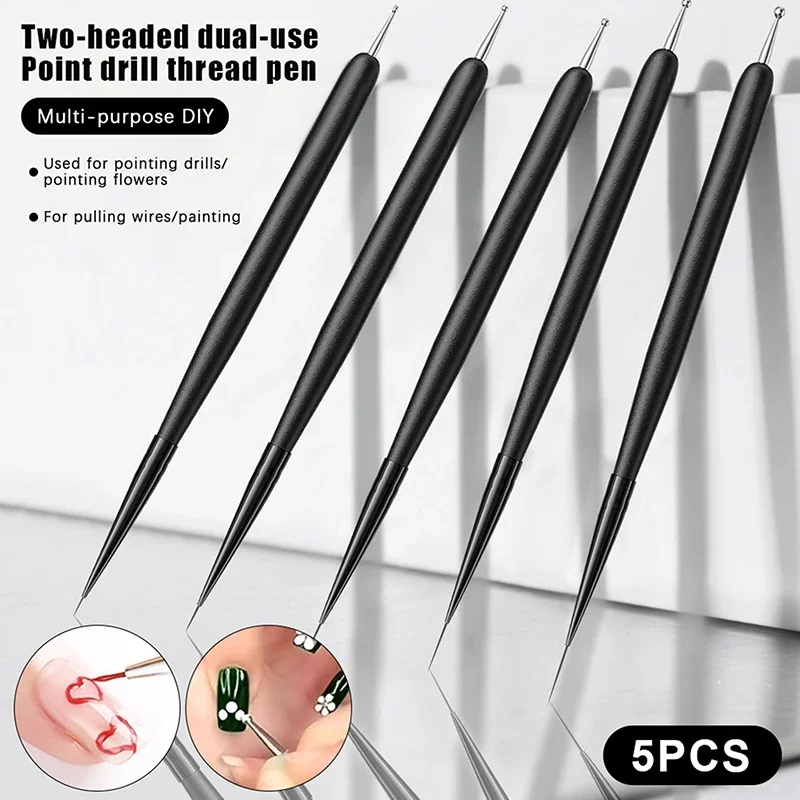5Pcs/pack Nylon Dual Use Nail Dotting Bead Nail Art Liner Pen Nail Painting Brush Drawing Lines UV GEL Extension Manicure Tool