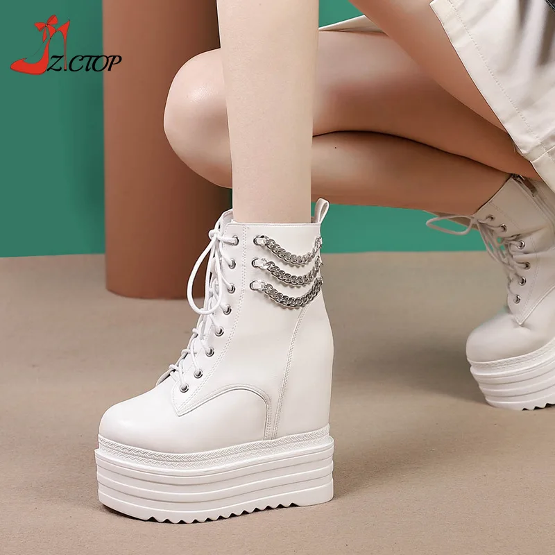 

13cm Wedge High Heels Women's Boots Winter Lace Up Height Increasing Platform Ankle Boots White Black Women Booties