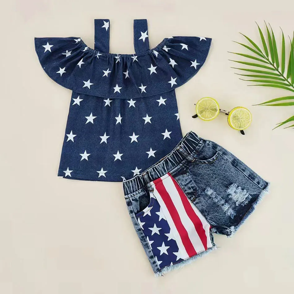 Girls Denim Children Set American Flag Shorts with Cowboy Strap Top Trendy 2Pcs Outfit for Summer Celebrations Independence Day image 2
