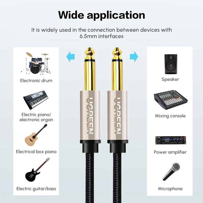 아연 합금 하우징과 나일론 브레이드 케이블이 포함된 UGREEN 6.5mm 악기 케이블(남성-남성)