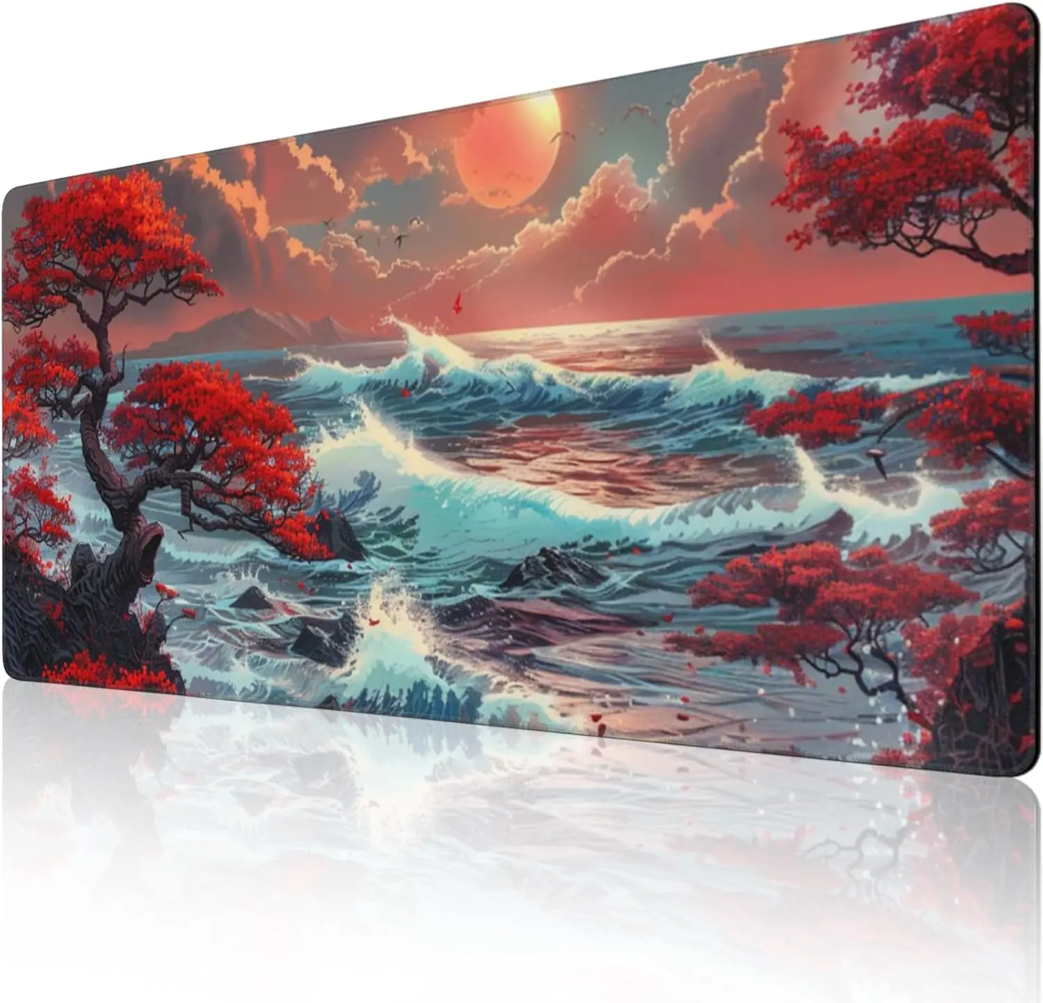 

Удлиненный большой коврик для мыши Sea Wave, большой нескользящий коврик и прошитый край для домашнего офиса, стиль фантазийного произведения искусства