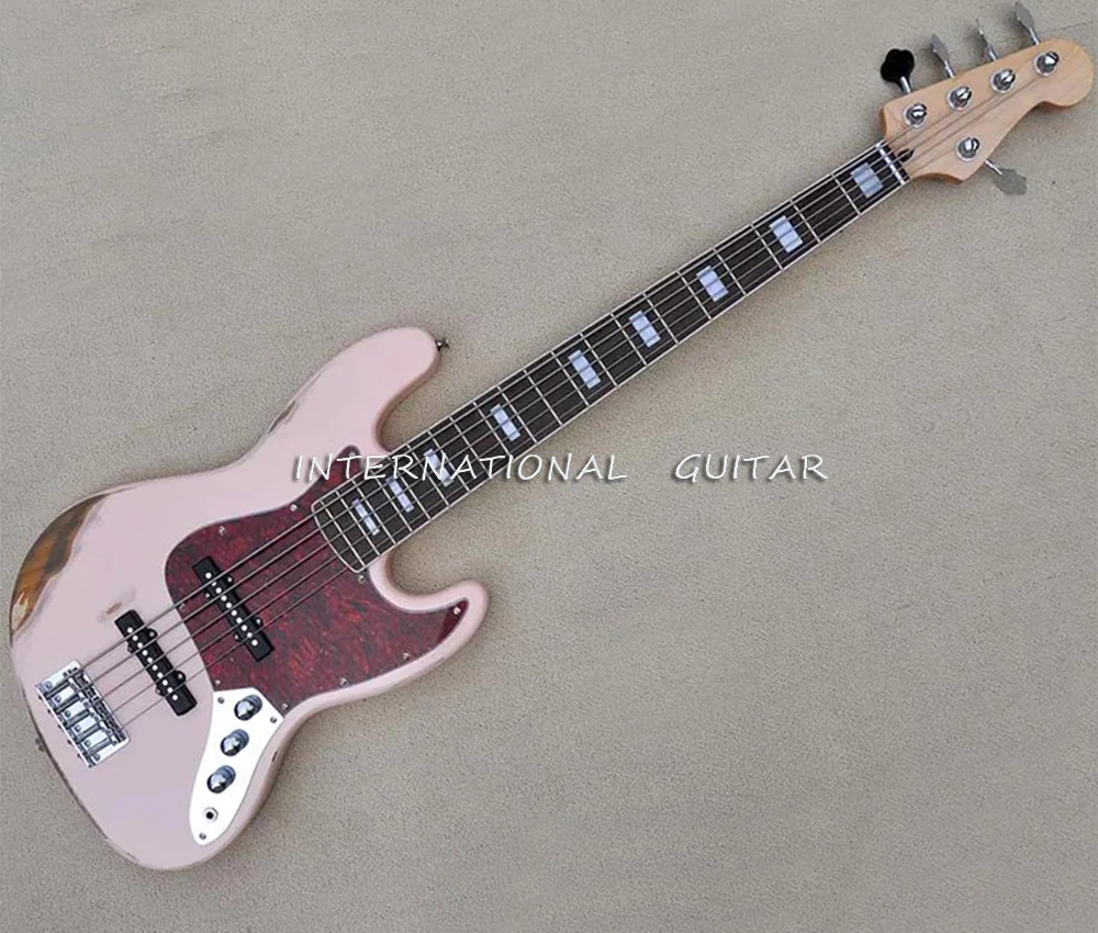 5 Strings Pink Relic Electric Bass Guitar with Rosewood Fretboard,20 Frets,Can be Customized