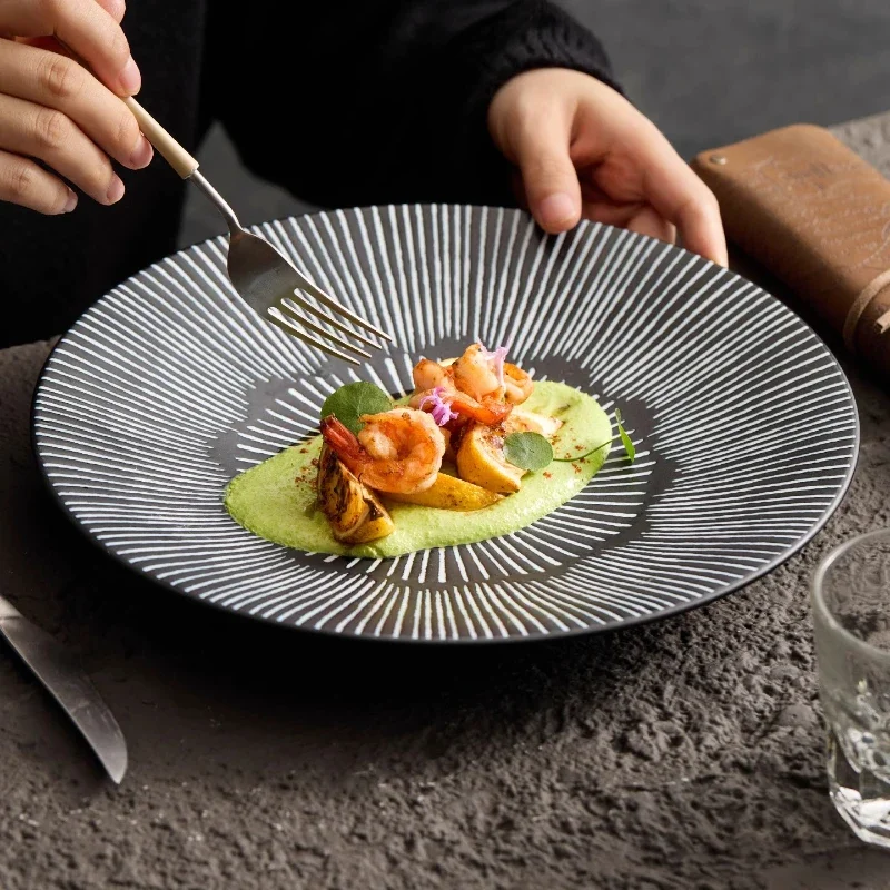 Round Household Tableware with Black Glaze Hotel Artistic Conception Plate Tableware Special Kitchen Tableware for Fruit Plate