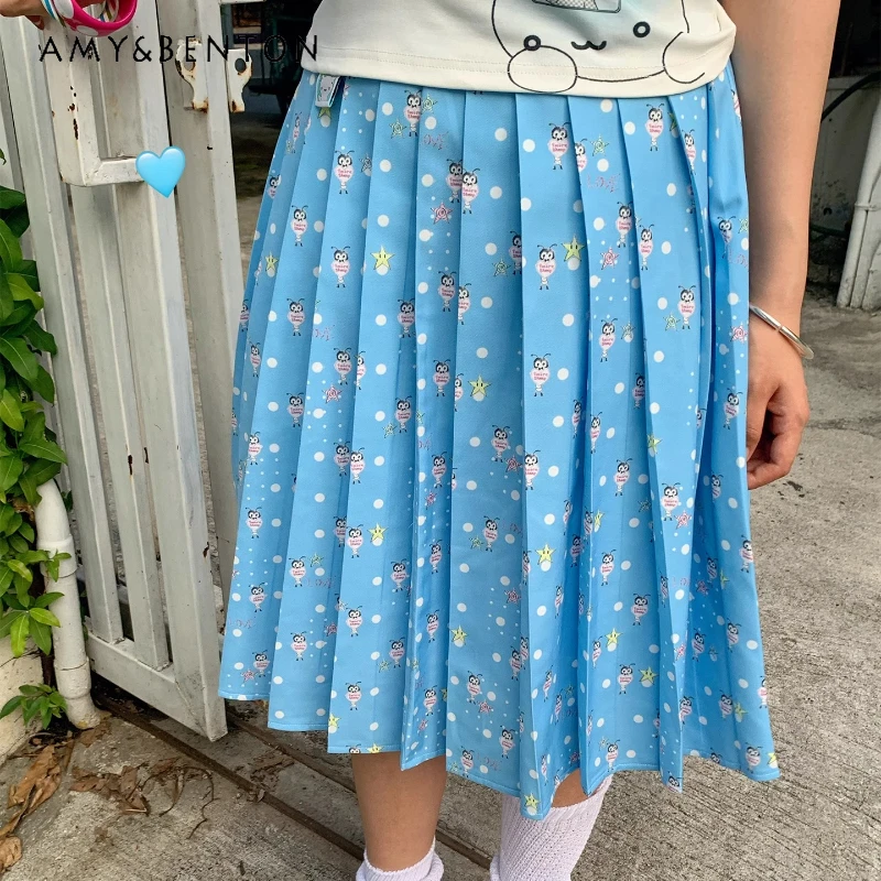 

Summer Light Blue Animal Print Polka Dot Women's Medium Long Pleated Skirt Japanese Sweet Versatile Age-reducing Skirts Ladies