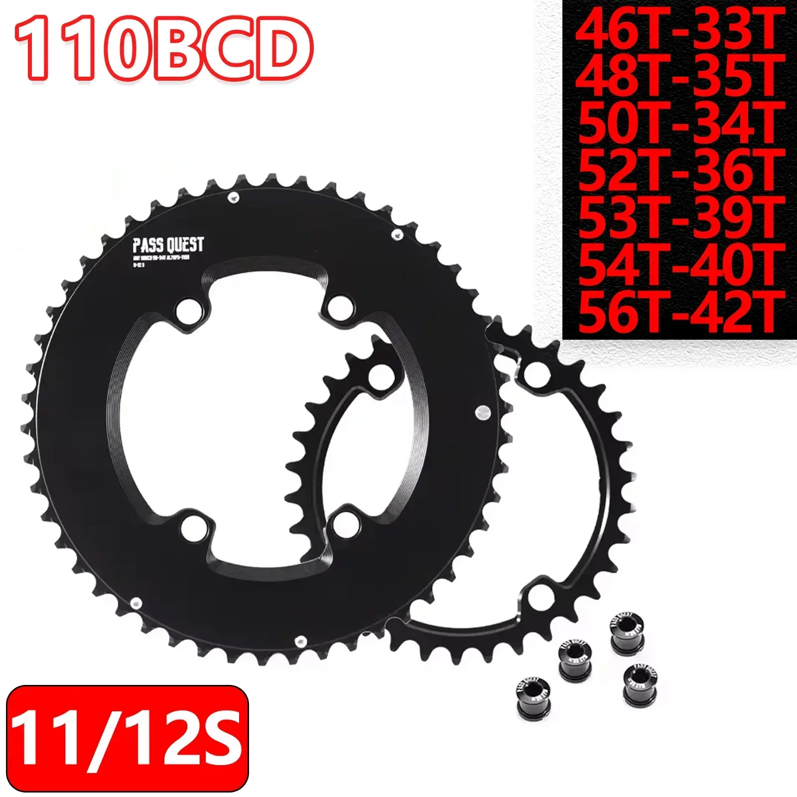 Pass Quest 110bcd 4 Bolts Double Chainring Aluminum Alloy 46T-33T 48T-35T 50T-34T 52T-36T 53T-39T 54T-40T Bicycle Sprocket Black