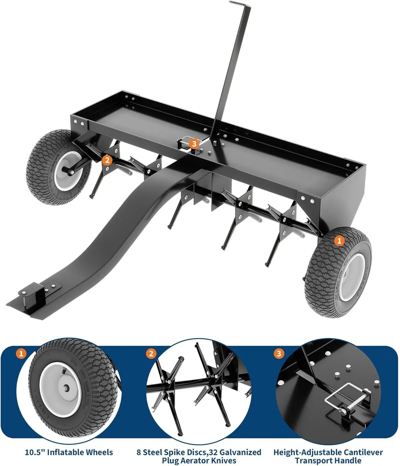Tow-Behind Lawn Plug Aerator for Tractors, 40 Inch Tow-Behind Aerator with Steel Tines, Global Hitch, Inflatable Wheels