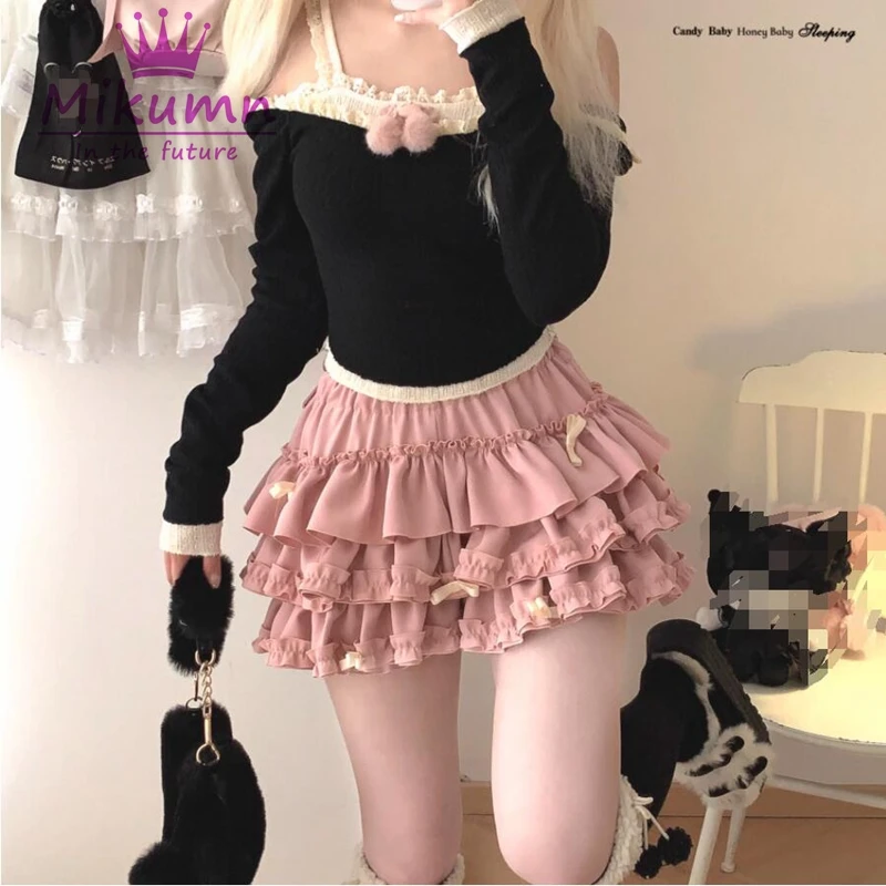 MikAutumn Harajuku Doce Arco Ruffles Mini Saia, Japonês Bonito Y2k Cintura Elástica, Plissado Fofo, Lolita Saia De Bolo Kawaii