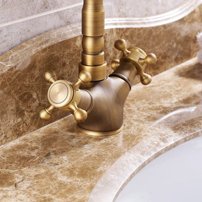 Excellent Antique Brass Ceramic Handle Basin water tap Antique Rotatble Bathroom Faucet Kitchen Faucet Hot Cold Mixer Crane Kitc