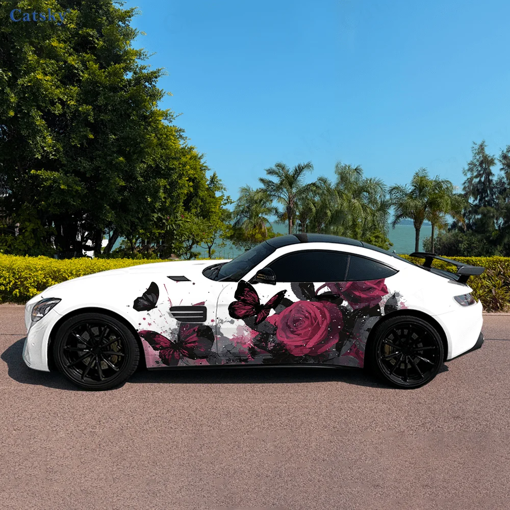 

Gothic Roses Butterflies Car Side Sticker Decor, PVC Waterproof Scratch Resistant Decal, Car Protection, Auto Accessories Gift