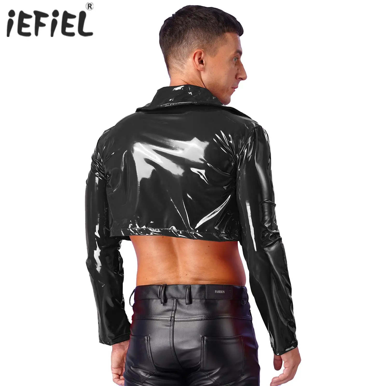 Mens Wet Look Long Sleeve Cropped Coat Rave Cosplay Party Clubwear for Pole Dancing Lapel Patent Leather Jacket Motorcycle Coats