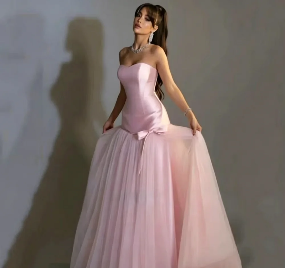 Exquisite Pink Strapless Prom Gown A-line Satin/Tulle Sleeveless Evening Party Dresses Rose Banquet Party Dress for Women