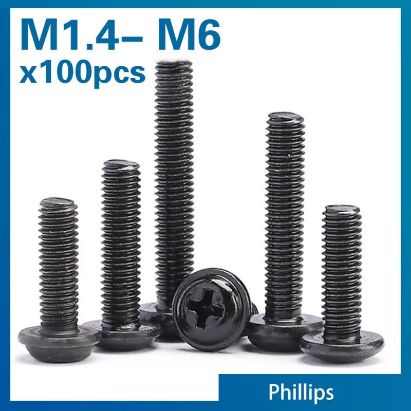 100pcs/lot Pw Black Pan Screws With Washer 1.4 2 2.5 3 3.5 4 5 6 Fixed otherboard Screws With Pad Din967