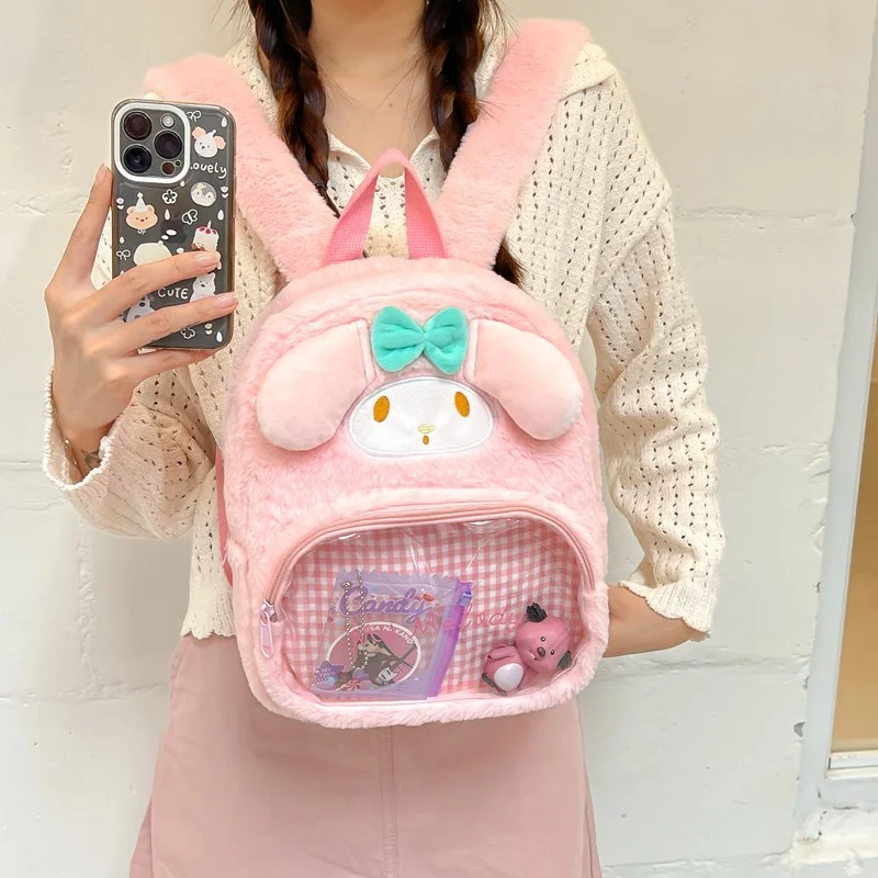 Sanrio Hello Kitty Leuke en lieve studentenschooltas Kuromi Cartoon pluche mode Veelzijdige lichtgewicht transparante rugzak