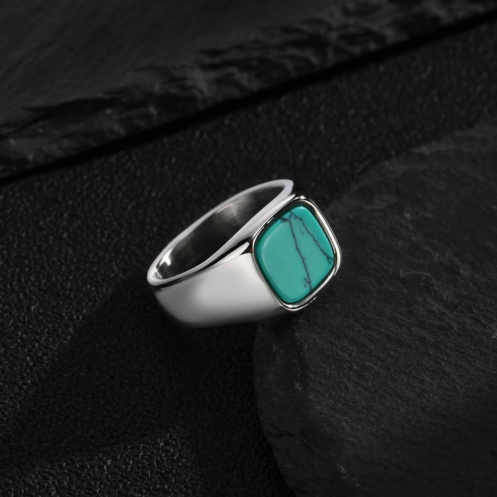 Vnox Herren-Siegelring mit Türkis-Stein, Retro Edelstahl Quadratischer Ovaler Fingerring, Western Vintage Punk Schmuck Geschenk für Männer – Detail 6