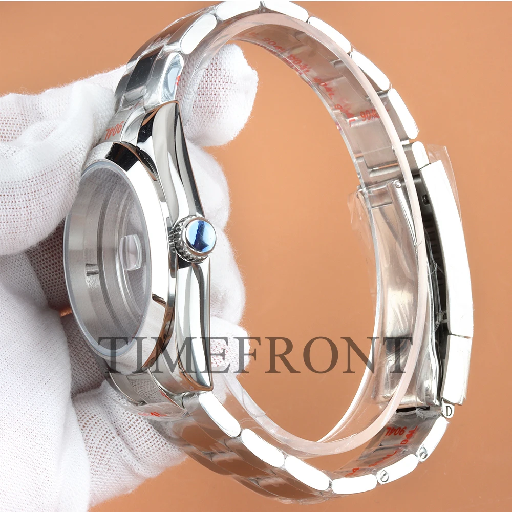 Caja de reloj negra/plateada de 36mm y 39mm, correa de ostra polaca con esfera de onda de agua de 28,5mm, manecillas luminosas verdes compatibles con movimiento NH35 NH36