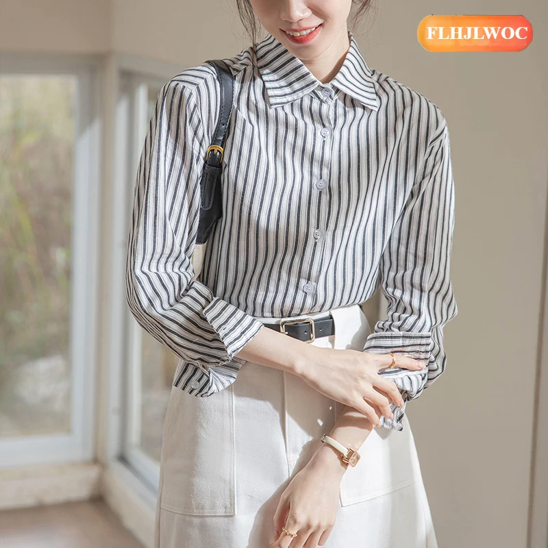 قمصان مخططة لطيف الفتيات السنة الجديدة امرأة 2026 ربيع الخريف طويلة الأكمام مكتب سيدة العمل أنيقة ركاب أساسيات القمصان #2