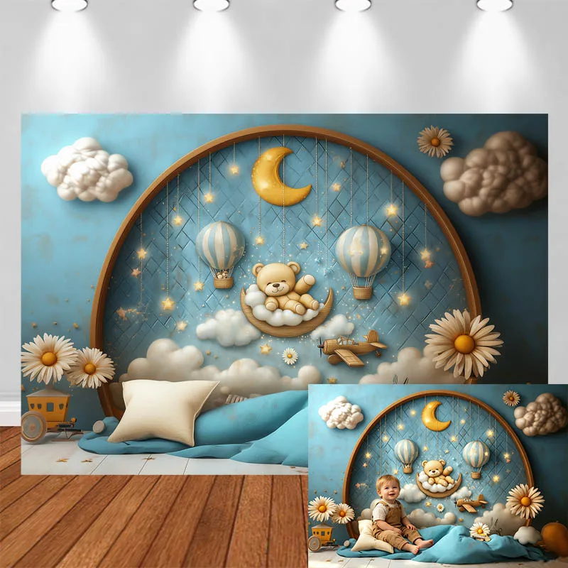 

LS Photography Background Moon Hot Air Balloon Cloud Blue Wall Decor Birthday Cake Smash Kids Portrait Photo Backdrop Studio