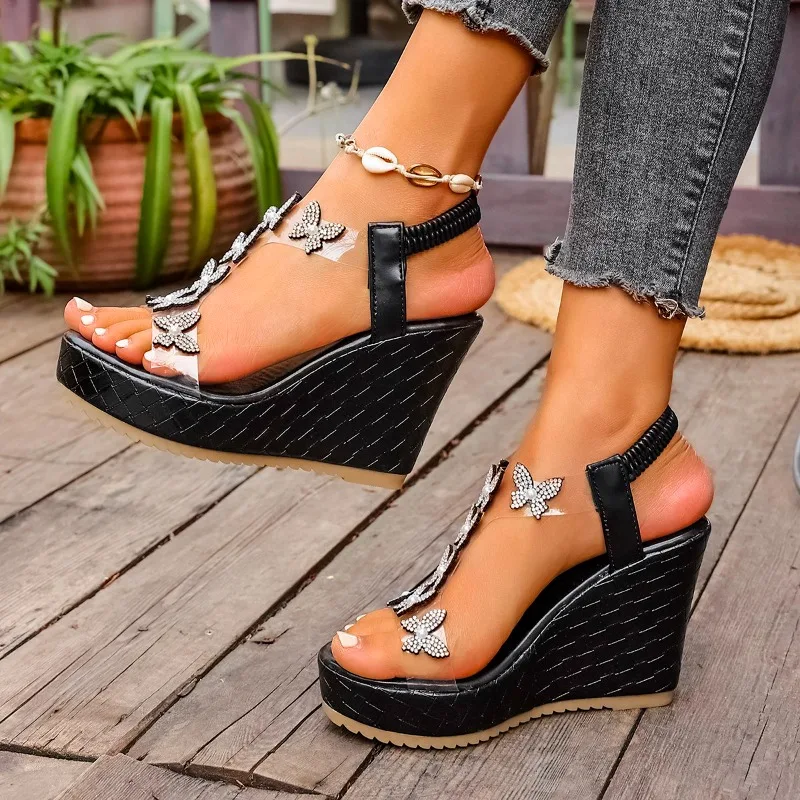 Sandalias de tacón alto con cuña para mujer, sandalias de mariposa de cristal a la moda, zapatos de plataforma de verano para mujer, sandalias de vestir elegantes
