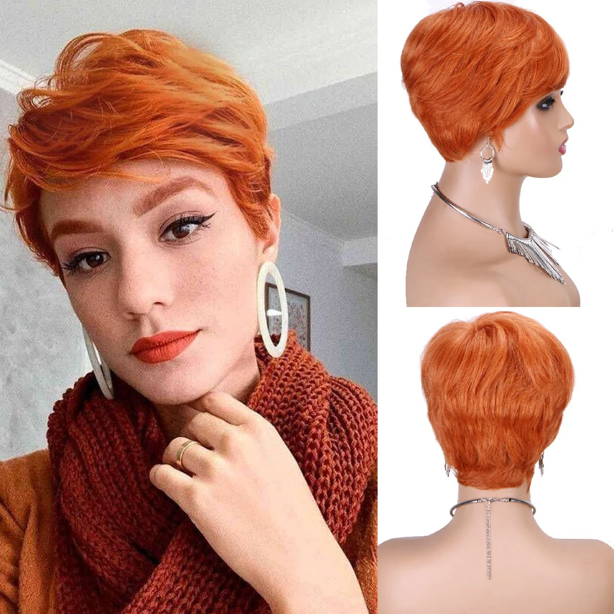 Layered Pixie Cut Human Hair Wigs for Black Women Short Orange Ginger Human Hair Wig with Bangs 100% Brazilian Remy Straight Wig