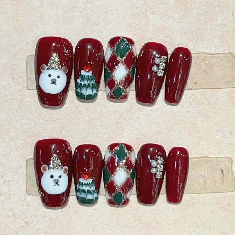 10Pcs Christmas Red Fake Nails Press on Hand-painted Snowflake with 3D Pearl Heart Star Design False Nail Full Over Manicure Tip