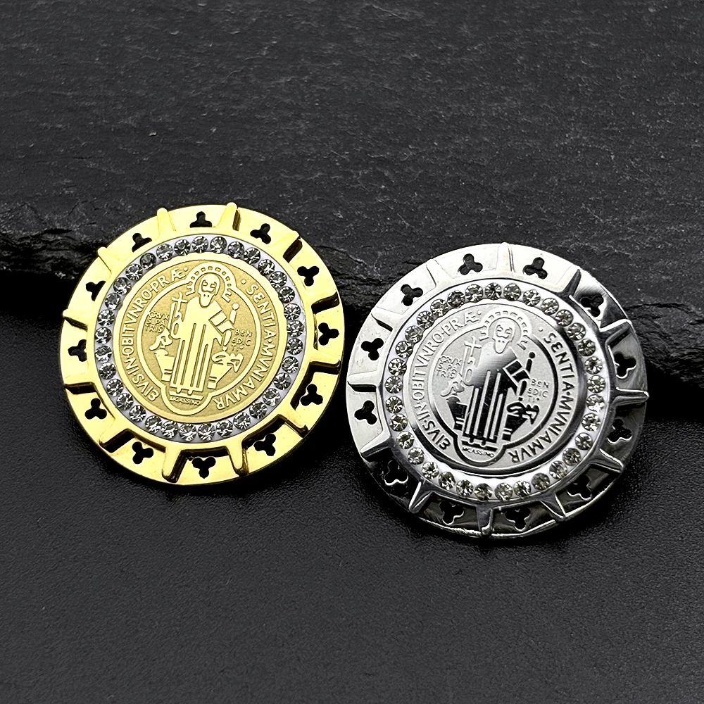 

Catholic Saint Benedict Cross Medal Brooch Pins for Women Men Stainless Steel Gold Color Rhinestones San Benito Jewelry Gift